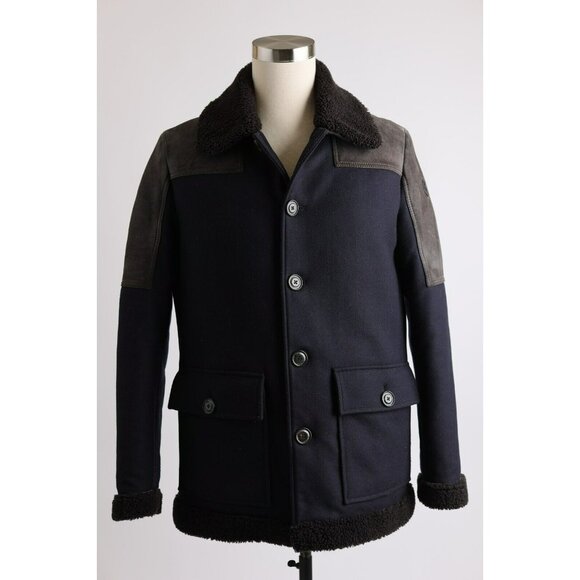 $5,850 Moncler Lachenal Leather Down Shearling Trim Coat Jacket SZ 3 / L Navy - Picture 1 of 7